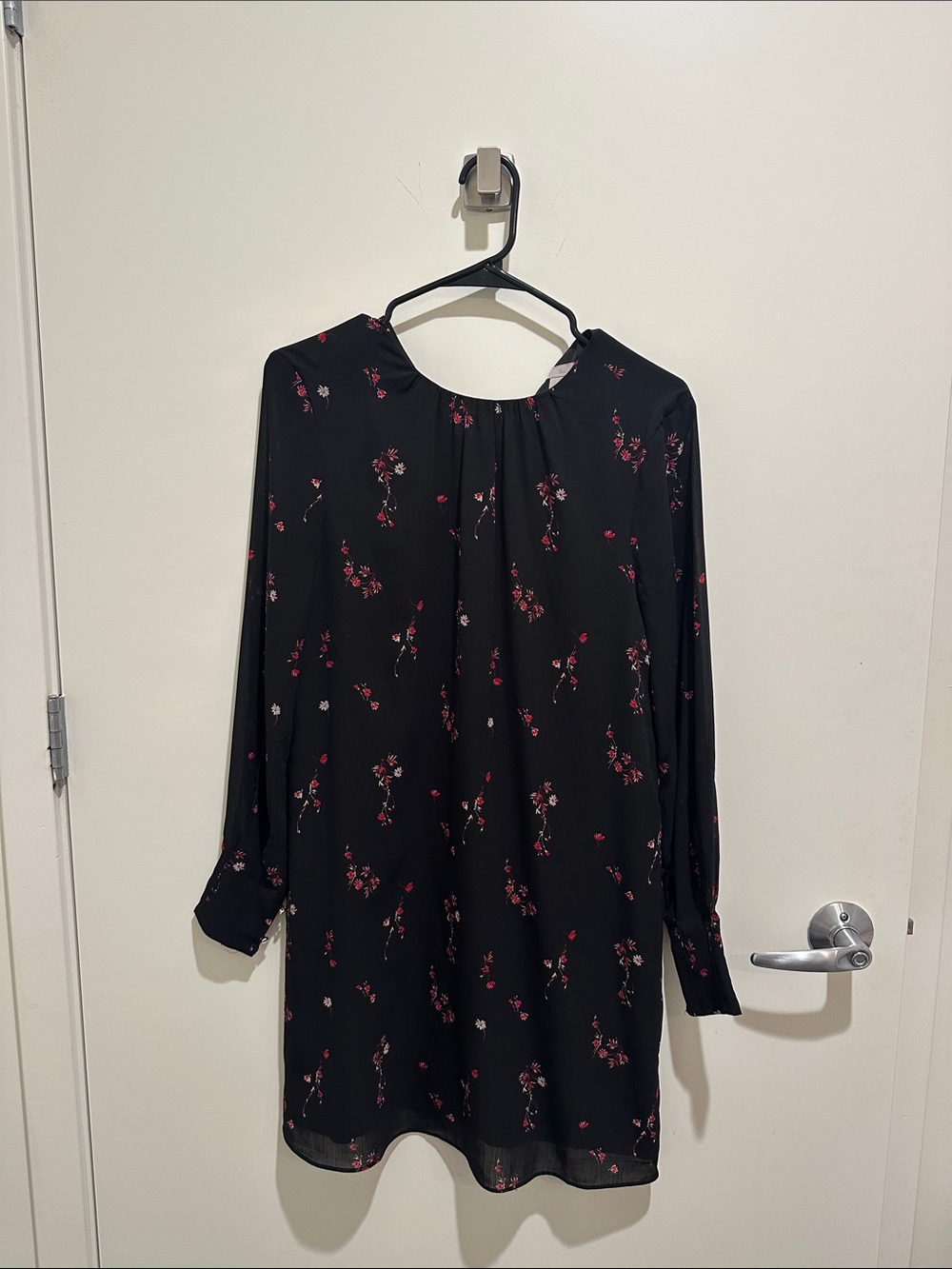 H&M Black Long-Sleeve Floral Shift Dress with Pink Accents